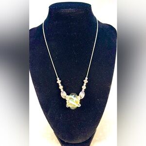 Women Handcrafted Large Crystal Glass Bead w/ Silver Accent Beads & Silver Chain